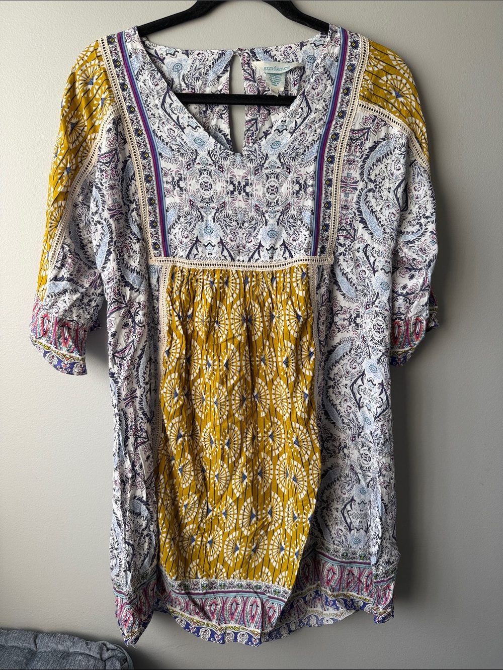 Sundance Mixed-Print Dress or Tunic Top - Mustard & White crochet xs mustard